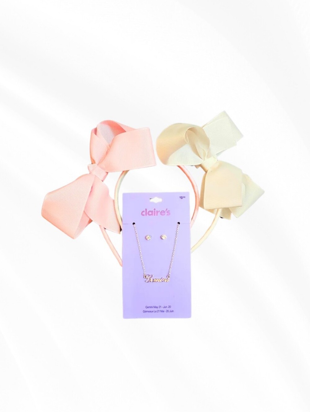 Claire’s Gemini Necklace Earrings & Bow Headband Set Pink Cream Accessories NWT